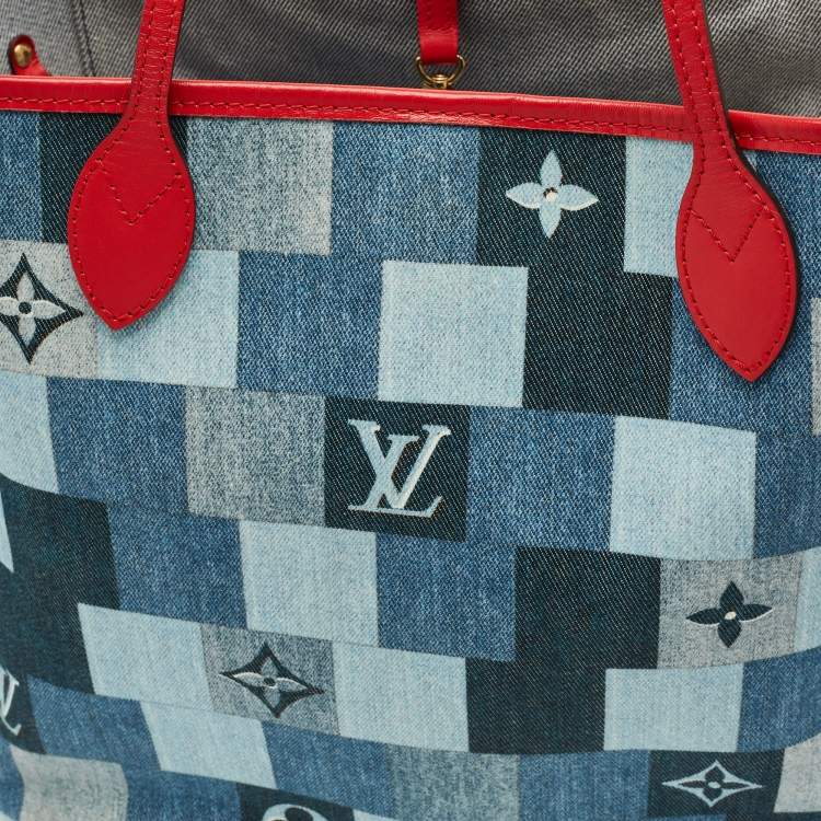 Pre Owned Louis Vuitton Blue/Rouge Damier Monogram Patchwork Denim Neverfull MM Bag