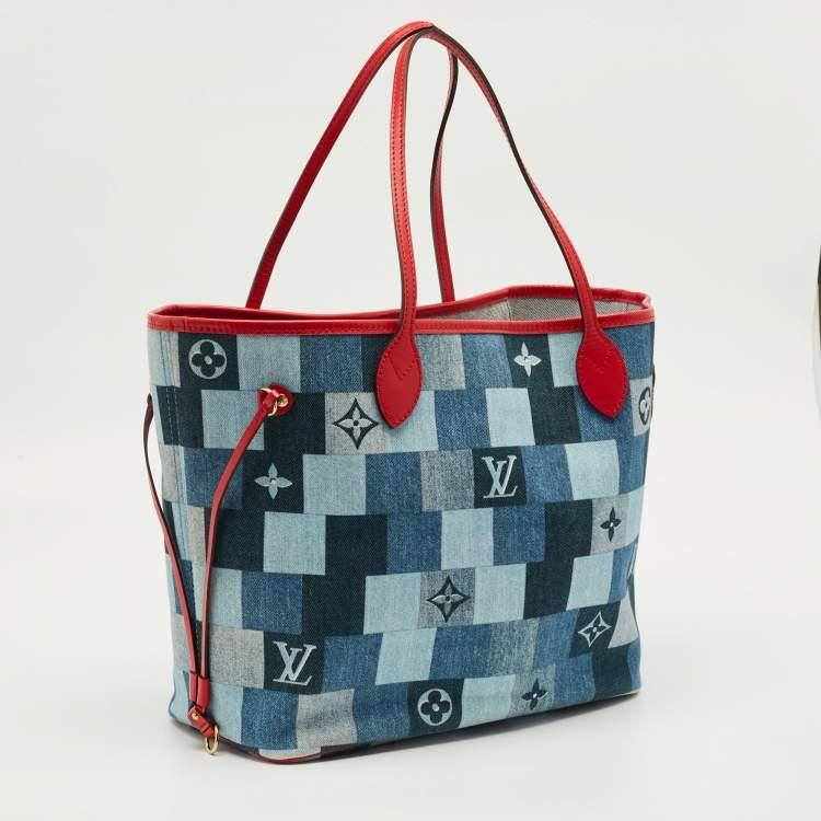 Pre Owned Louis Vuitton Blue/Rouge Damier Monogram Patchwork Denim Neverfull MM Bag