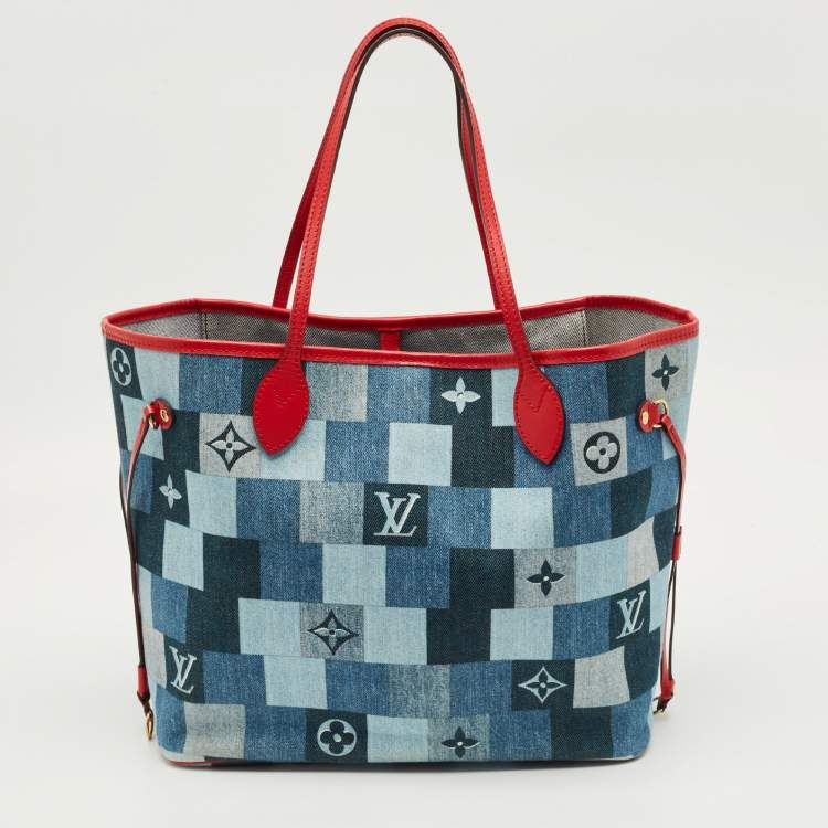 Pre Owned Louis Vuitton Blue/Rouge Damier Monogram Patchwork Denim Neverfull MM Bag
