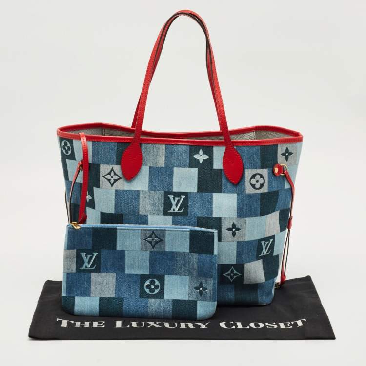 Pre Owned Louis Vuitton Blue/Rouge Damier Monogram Patchwork Denim Neverfull MM Bag