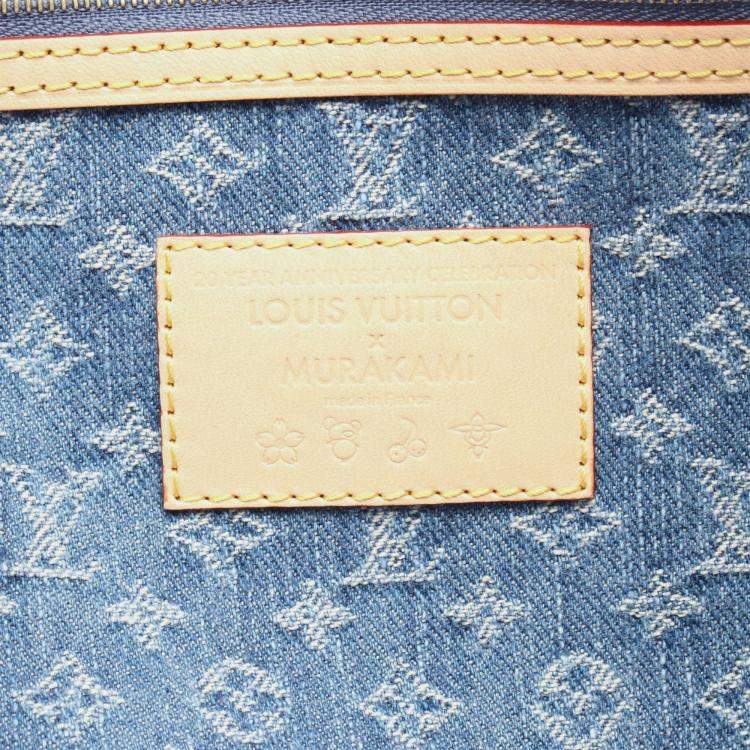 Pre Owned Louis Vuitton Takashi Murakami Keepall Bandouliere 45 Blue Denim Leather Duffle Bag
