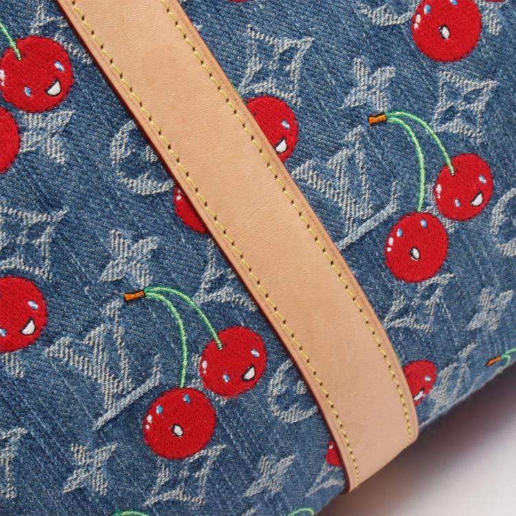 Pre Owned Louis Vuitton Takashi Murakami Keepall Bandouliere 45 Blue Denim Leather Duffle Bag