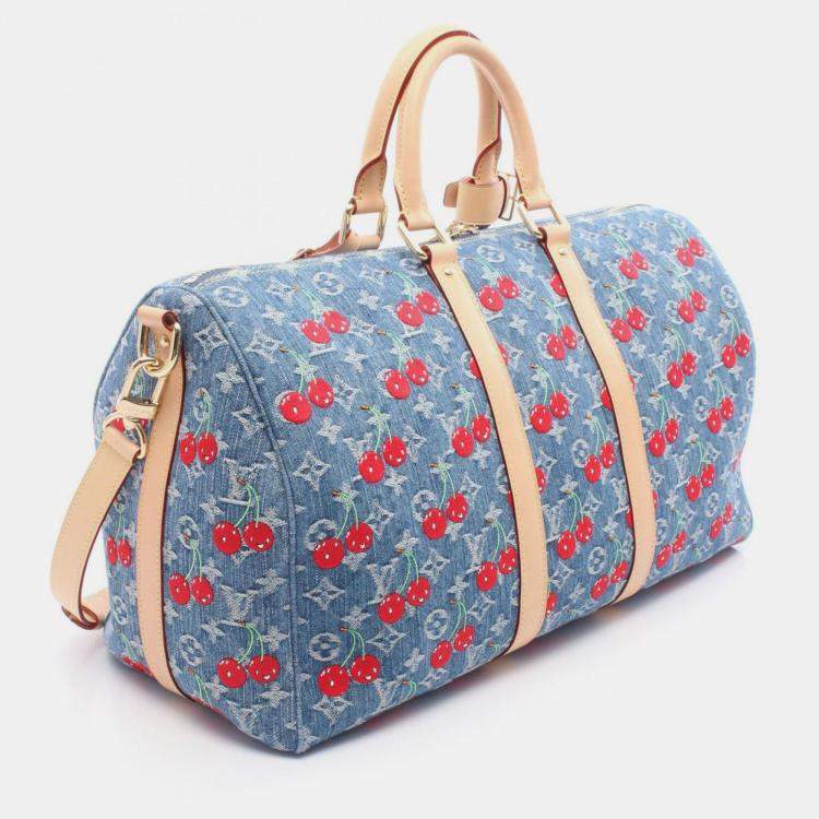 Pre Owned Louis Vuitton Takashi Murakami Keepall Bandouliere 45 Blue Denim Leather Duffle Bag