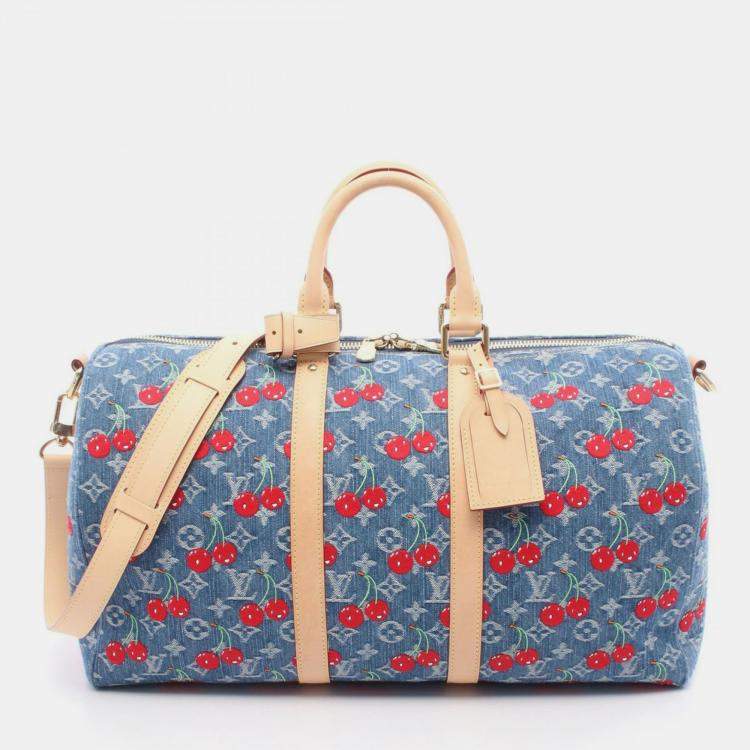 Pre Owned Louis Vuitton Takashi Murakami Keepall Bandouliere 45 Blue Denim Leather Duffle Bag