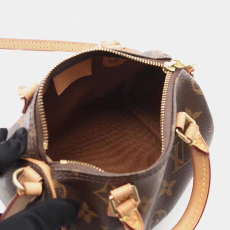 Pre Owned Louis Vuitton Nano Speedy Monogram Brown Coated Canvas Leather Shoulder Bag 