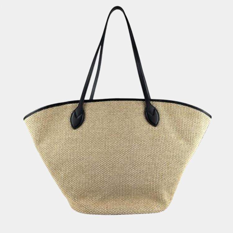 Pre Owned Louis Vuitton Saint Jacques Beige Black Raffia Leather Shoulder Tote Bag