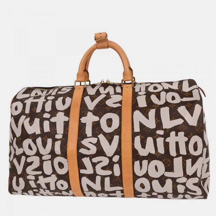 Pre Owned Louis Vuitton Keepall Graffiti 50 White Monogram Canvas Duffle Bag