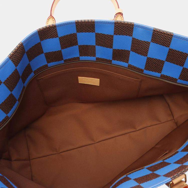 Pre Owned Louis Vuitton Soft Sac Plat EW Damier Pop Brown Blue Coated Canvas Leather Tote Bag