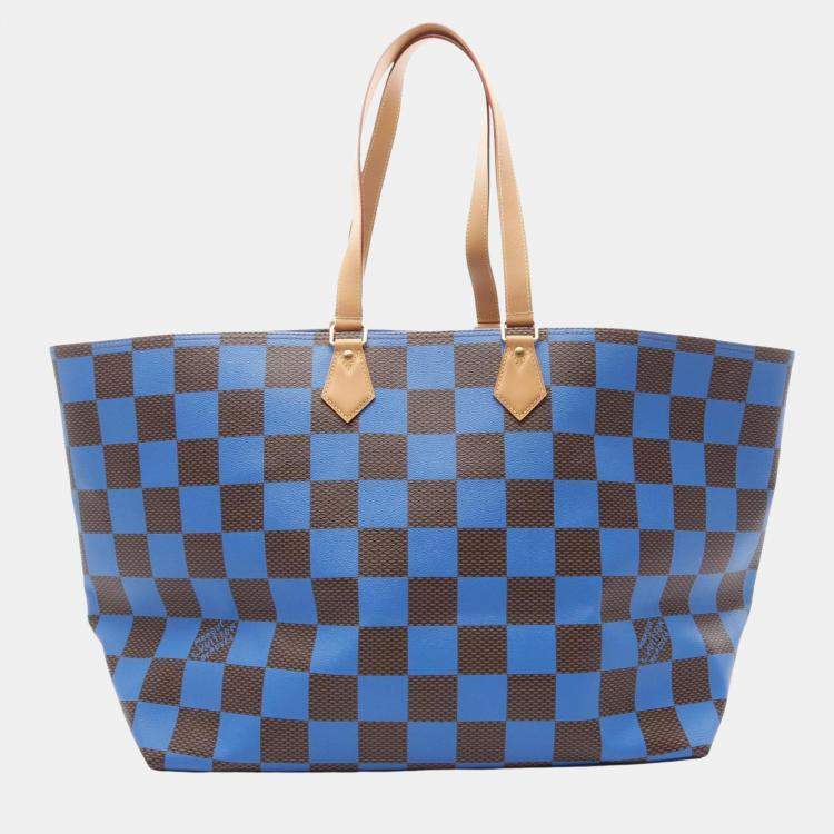 Pre Owned Louis Vuitton Soft Sac Plat EW Damier Pop Brown Blue Coated Canvas Leather Tote Bag