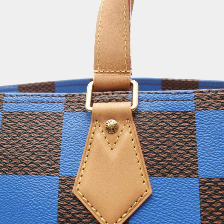 Pre Owned Louis Vuitton Soft Sac Plat EW Damier Pop Brown Blue Coated Canvas Leather Tote Bag