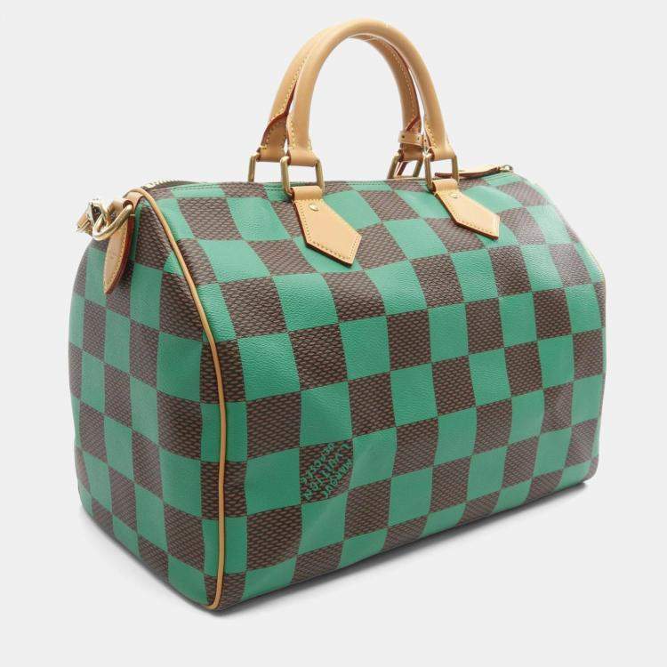 Pre Owned Louis Vuitton Speedy Bandouliere 40 Green Brown Damier Coated Canvas Leather Top Handle Bag