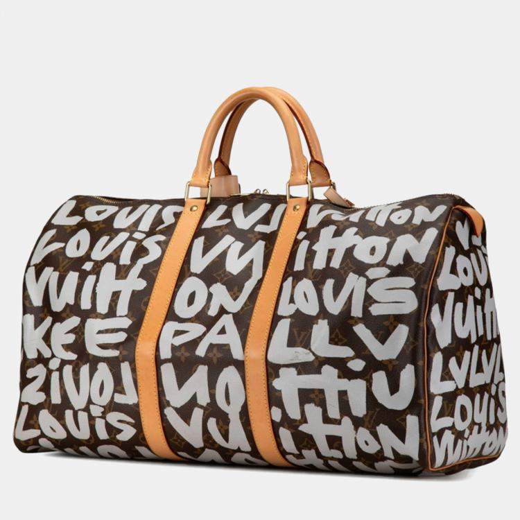 Pre Owned Louis Vuitton Monogram Graffiti Keepall 50 Grey Brown Monogram Coated Canvas and Leather Duffel Bag