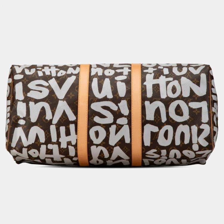 Pre Owned Louis Vuitton Monogram Graffiti Keepall 50 Grey Brown Monogram Coated Canvas and Leather Duffel Bag