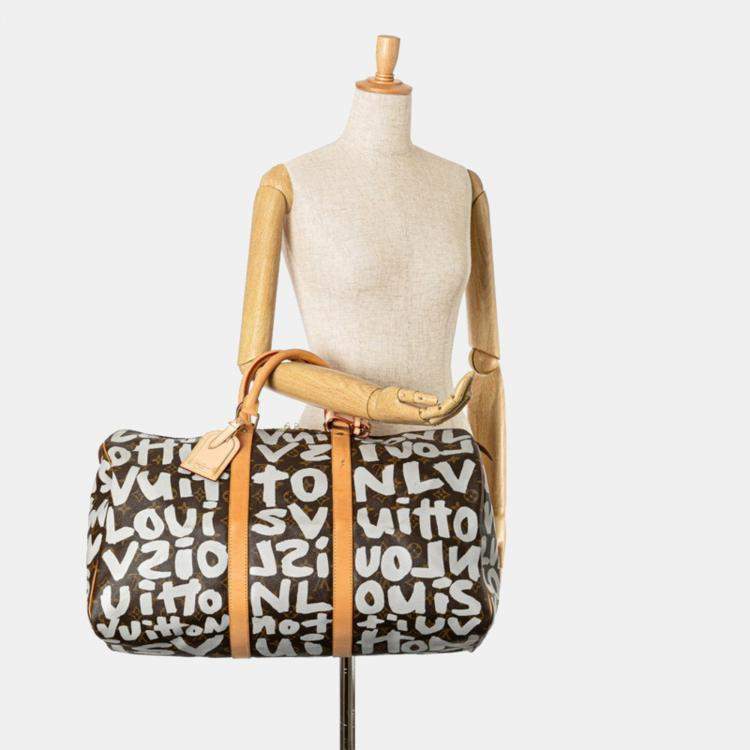 Pre Owned Louis Vuitton Monogram Graffiti Keepall 50 Grey Brown Monogram Coated Canvas and Leather Duffel Bag