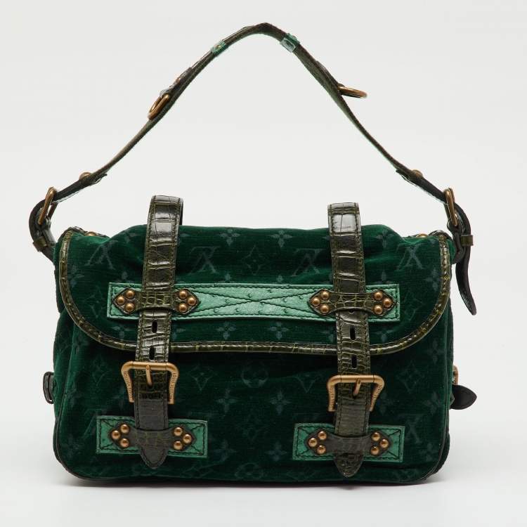 Pre Owned Louis Vuitton Green Monogram Velour Alligator and Ostrich-Trimmed Clyde Bag