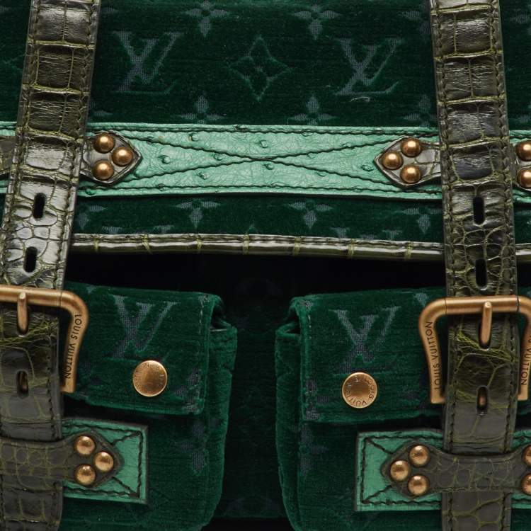 Pre Owned Louis Vuitton Green Monogram Velour Alligator and Ostrich-Trimmed Clyde Bag