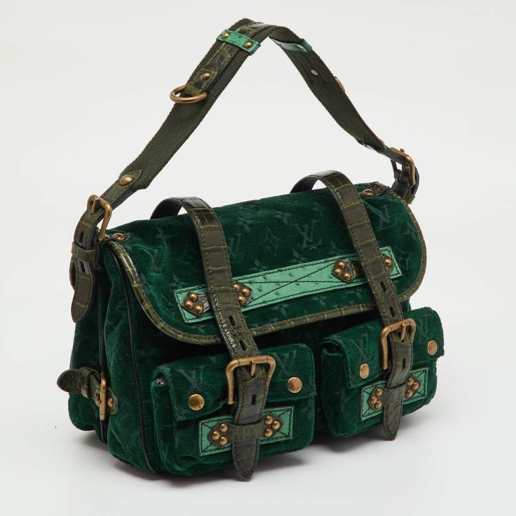 Pre Owned Louis Vuitton Green Monogram Velour Alligator and Ostrich-Trimmed Clyde Bag