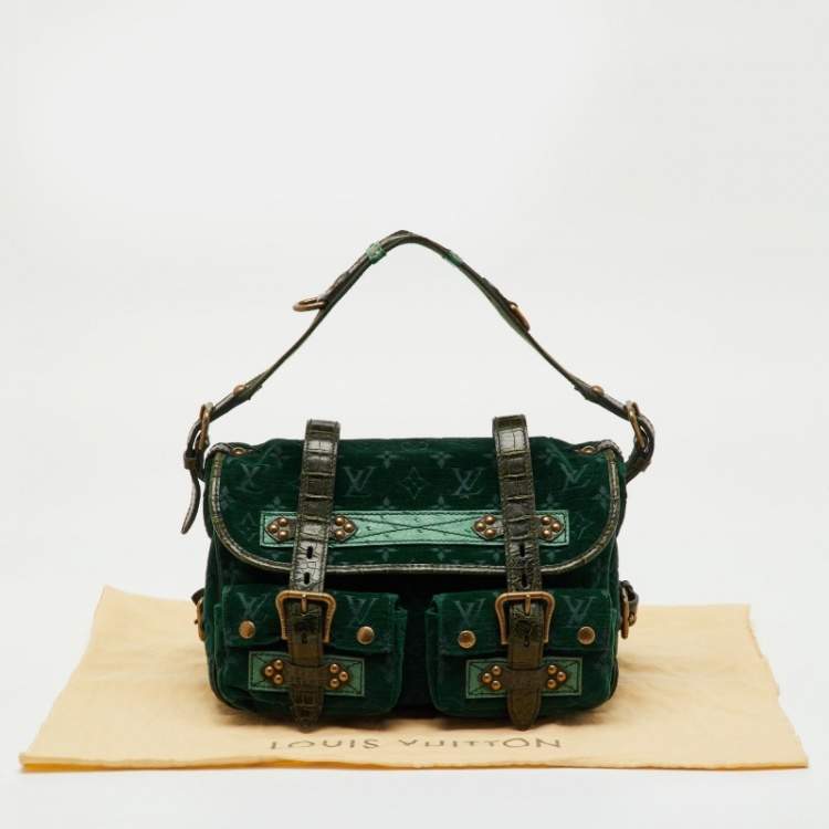 Pre Owned Louis Vuitton Green Monogram Velour Alligator and Ostrich-Trimmed Clyde Bag
