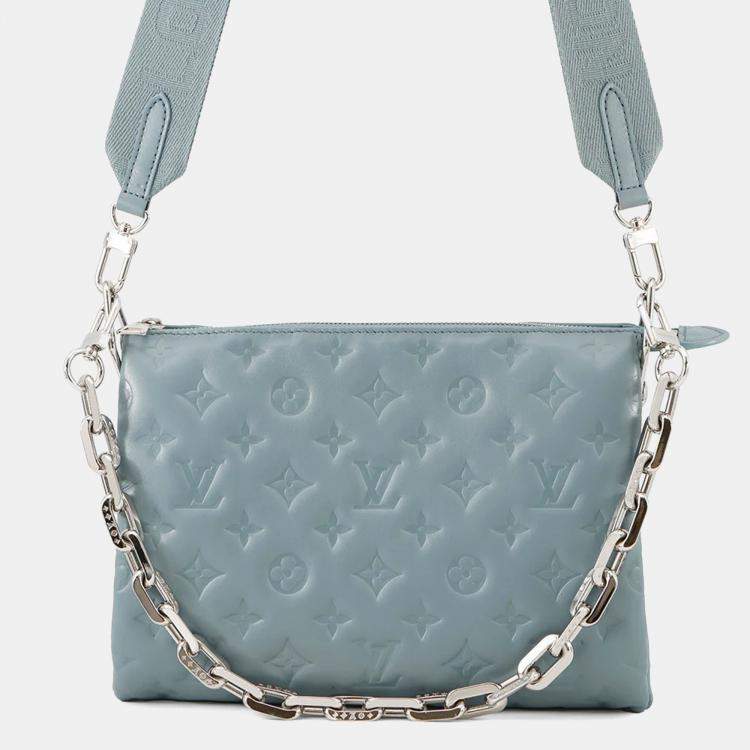 Pre Owned Louis Vuitton Coussin Blue Gacier/Red Monogram Embossed Lamb Leather Size PM