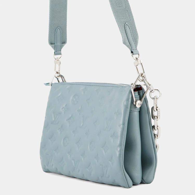 Pre Owned Louis Vuitton Coussin Blue Gacier/Red Monogram Embossed Lamb Leather Size PM