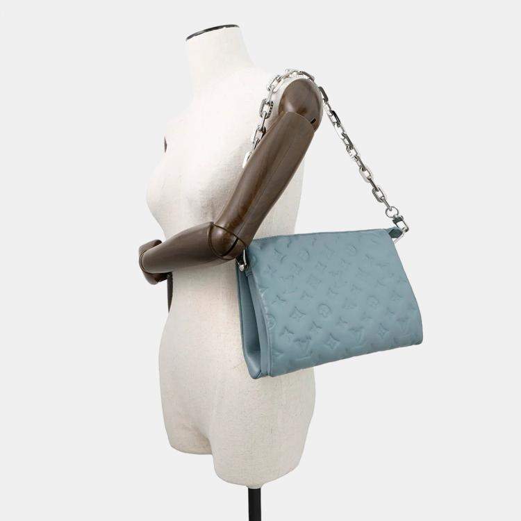 Pre Owned Louis Vuitton Coussin Blue Gacier/Red Monogram Embossed Lamb Leather Size PM
