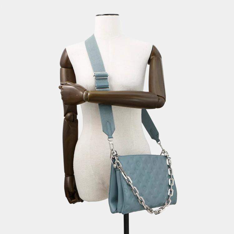 Pre Owned Louis Vuitton Coussin Blue Gacier/Red Monogram Embossed Lamb Leather Size PM