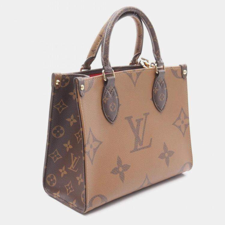 Pre Owned Louis Vuitton On The Go Pm Handbag Coated Canvas Monogram Giant Reverse Brown And Beige