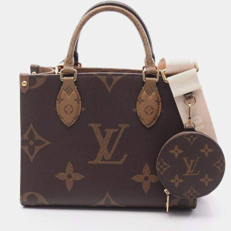 Pre Owned Louis Vuitton On The Go Pm Handbag Coated Canvas Monogram Giant Reverse Brown And Beige