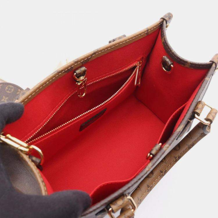 Pre Owned Louis Vuitton On The Go Pm Handbag Coated Canvas Monogram Giant Reverse Brown And Beige