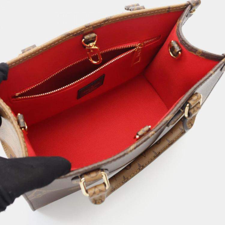 Pre Owned Louis Vuitton On The Go Pm Handbag In Coated Canvas With Monogram Giant Reverse Brown And Beige