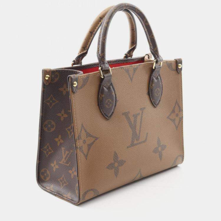 Pre Owned Louis Vuitton On The Go Pm Handbag In Coated Canvas With Monogram Giant Reverse Brown And Beige