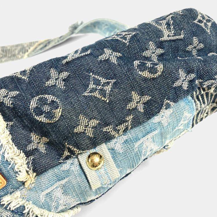 Pre Owned Louis Vuitton Monogram Denim Patchwork Posty Bag Flap Crossbody Messenger Shoulder Canvas Blue