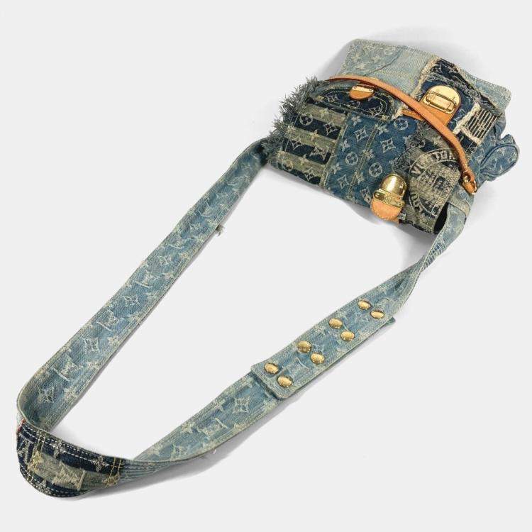 Pre Owned Louis Vuitton Monogram Denim Patchwork Posty Bag Flap Crossbody Messenger Shoulder Canvas Blue