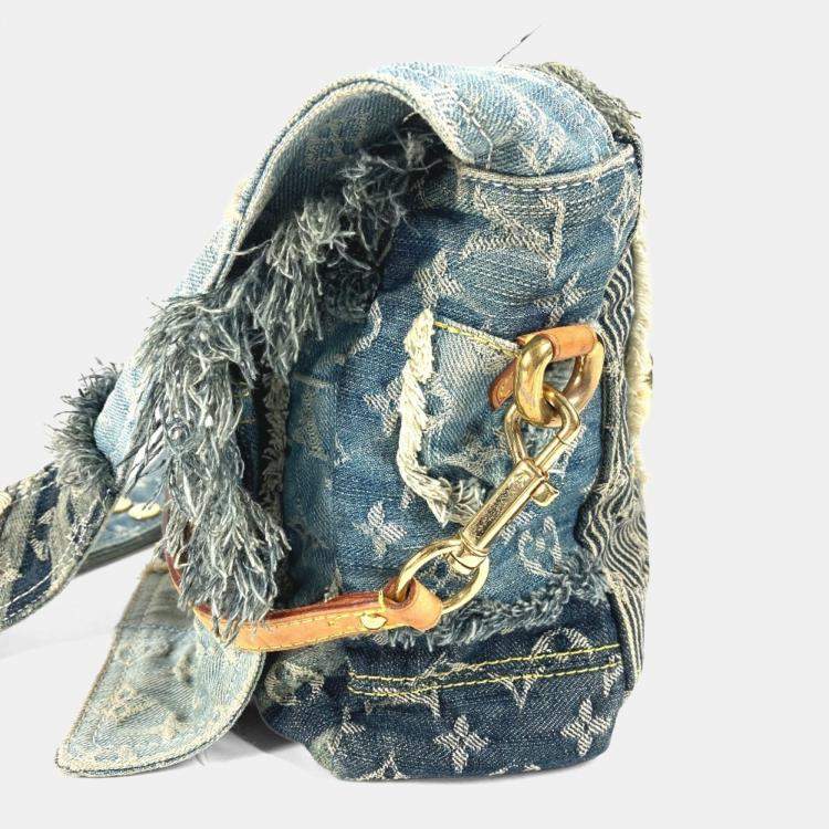 Pre Owned Louis Vuitton Monogram Denim Patchwork Posty Bag Flap Crossbody Messenger Shoulder Canvas Blue
