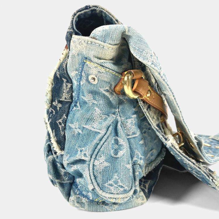 Pre Owned Louis Vuitton Monogram Denim Patchwork Posty Bag Flap Crossbody Messenger Shoulder Canvas Blue