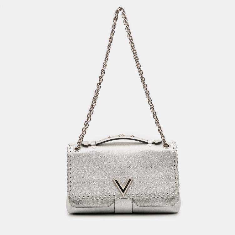 Pre Owned Louis Vuitton Silver Metallic Cuir Plume Ecume Very Chain Bag