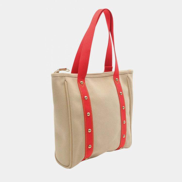 Pre Owned Louis Vuitton Antigua Cabas MM Beige Red Canvas Tote Bag