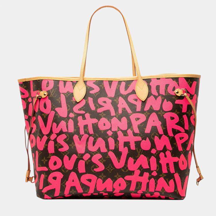Pre Owned Louis Vuitton Monogram Graffiti Neverfull Gm Tote Bag/Shoulder Bag Fuchsia Pink Brown Leather