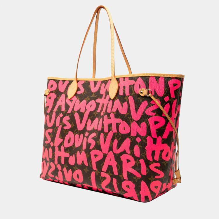 Pre Owned Louis Vuitton Monogram Graffiti Neverfull Gm Tote Bag/Shoulder Bag Fuchsia Pink Brown Leather