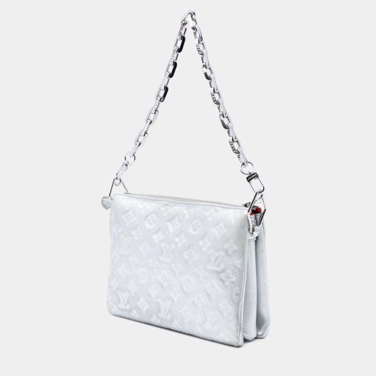 Pre Owned Louis Vuitton Silver Monogram Embossed Puffy Lambskin Coussin PM