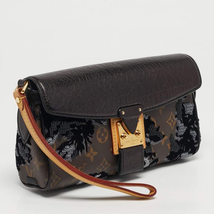 Pre Owned Louis Vuitton Fleur de Jais Manege Black/Monogram Canvas and Leather Limited Edition Clutch