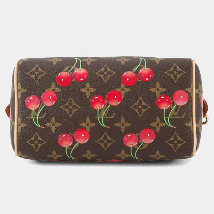 Pre Owned Louis Vuitton Takashi Murakami Monogram Cherry Speedy Bandouliere 20 Brown Red Monogram Canvas Top Handle Bag