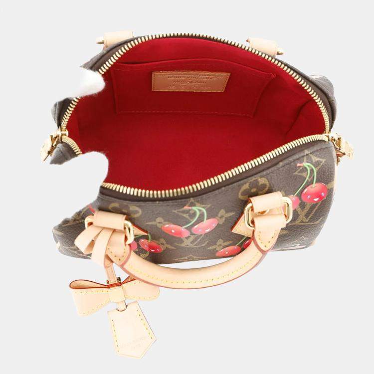 Pre Owned Louis Vuitton Takashi Murakami Monogram Cherry Speedy Bandouliere 20 Brown Red Monogram Canvas Top Handle Bag