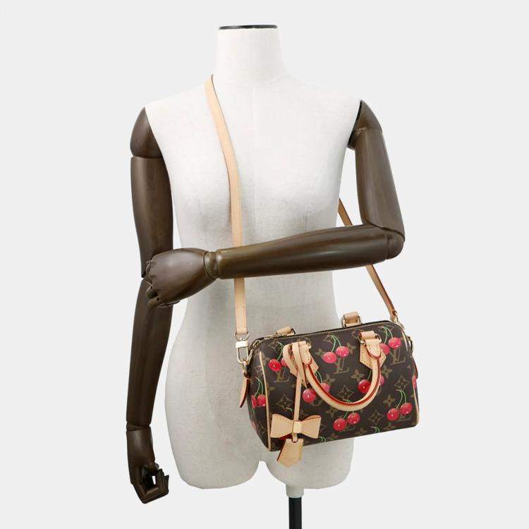 Pre Owned Louis Vuitton Takashi Murakami Monogram Cherry Speedy Bandouliere 20 Brown Red Monogram Canvas Top Handle Bag