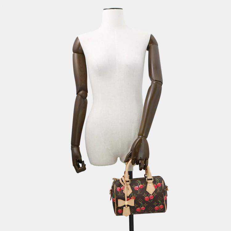 Pre Owned Louis Vuitton Takashi Murakami Monogram Cherry Speedy Bandouliere 20 Brown Red Monogram Canvas Top Handle Bag