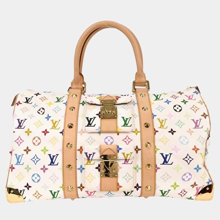 Pre Owned Louis Vuitton Monogram Multicolor Keepall 45 White Canvas Duffel Bag