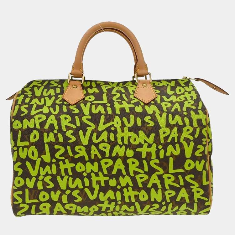 Pre Owned Louis Vuitton Speedy 30 Green Monogram Graffiti Canvas Top Handle Bag