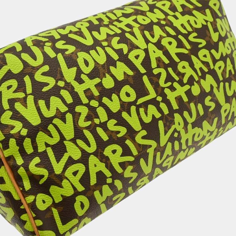 Pre Owned Louis Vuitton Speedy 30 Green Monogram Graffiti Canvas Top Handle Bag