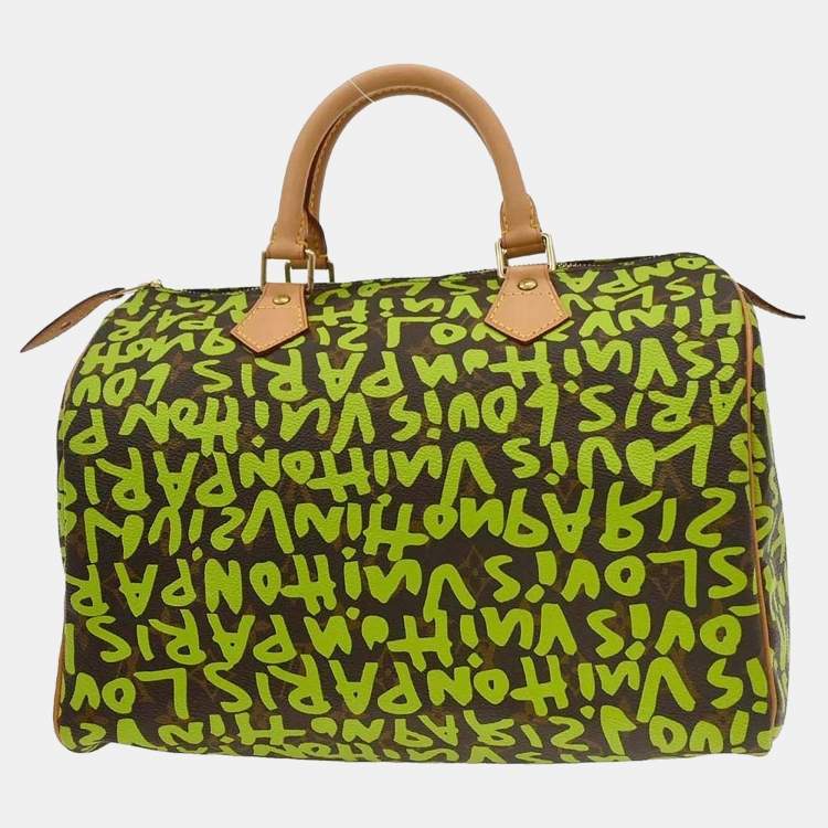 Pre Owned Louis Vuitton Speedy 30 Green Monogram Graffiti Canvas Top Handle Bag