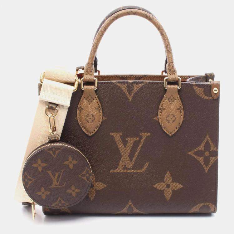 Pre Owned Louis Vuitton On The Go Pm Handbag Coated Canvas Monogram Giant Reverse Women'S Brown And Beige